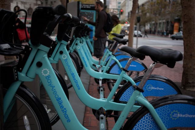 A bike-share station on Market Street is next to the Powell Street BART Station. (Mark Andrew Boyer)