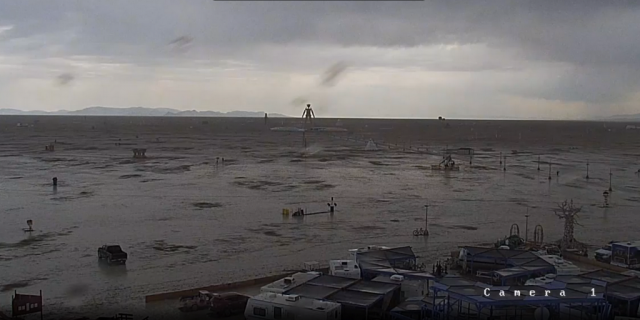 A Monday image from Burning Man webcam showing inundated playa at Black Rock City. 