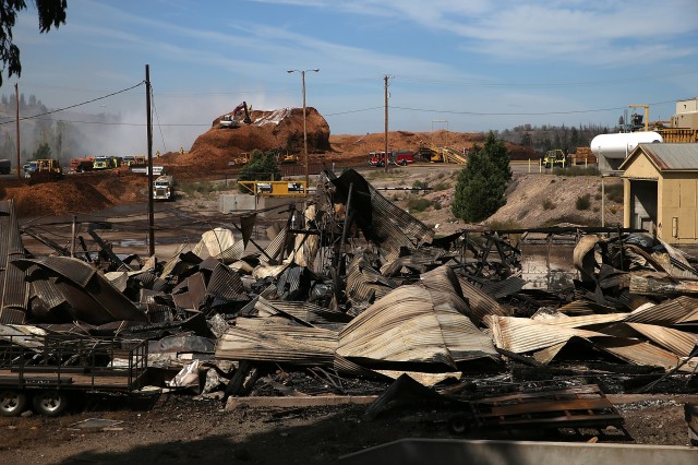 A shed destroyed at the Roseburg Forest Products mill last Monday as a wildfire swept through the Siskiyou County town of Weed. (Justin Sullivan/Getty Images)