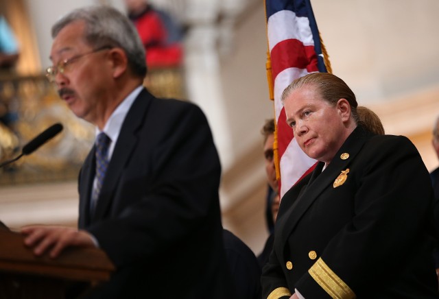 San Francisco Fire Chief Joanne Hayes-White with Mayor Ed Lee at a City Hall ceremony in March. (Justin Sullivan/Getty Images)