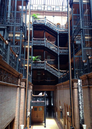 The Bradbury Building's balconies, stairs and Victorian elevators. (Avishay Artsy/KQED)