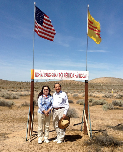 Kim Huynh and Dr. Chinh Huynh at the site of the Overseas Bien Hoa Veterans Cemetery in San Bernardino County. (Ngoc Nguyen/KQED)
