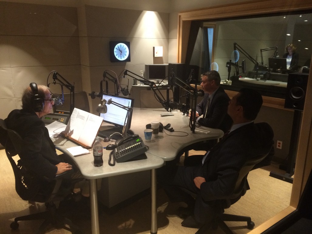 \Secretary of State candidates, Democrat Alex Padilla (left) and Republican Pete Peterson (right), speak with KQED's Michael Krasny on Sept. 22. (John Myers/KQED)