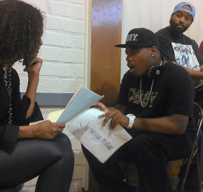 Joshua Miller tries out for the role of NWA member Dr. Dre, across from casting associate Nahisha Pettit. (Avishay Artsy/KQED)