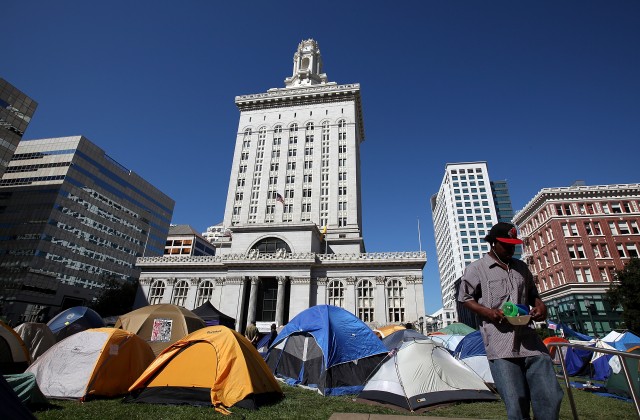 Hundreds of Occupy Oakland activists were living in tents in front of Oakland City Hall in October 2011. (Justin Sullivan/Getty Images)