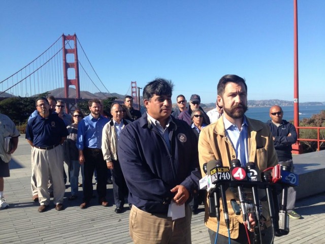 Golden Gate Bridge union leaders at a Monday afternoon press conference to announce a Tuesday job action. They say one union will walk out Tuesday but that bridge and transit operations should not be affected. (Isabel Angell/KQED)