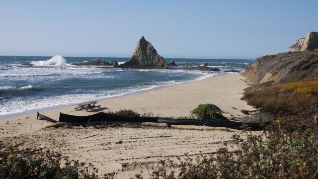 Pelican Rock marks the north end of Martins Beach on the San Mateo County coast. (Amy Standen/KQED)