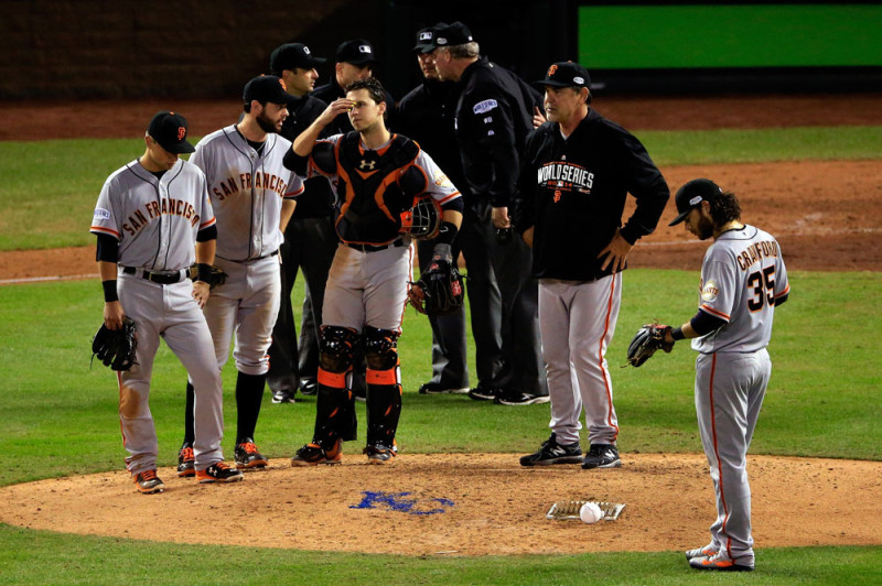 Bruce Bochy #15 of the San Francisco Giants stands on the mound during a pitching change against the Kansas City Royals in the sixth inning during Game Two of the 2014 World Series at Kauffman Stadium on October 22, 2014 in Kansas City, Missouri. (Photo by Rob Carr/Getty Images)