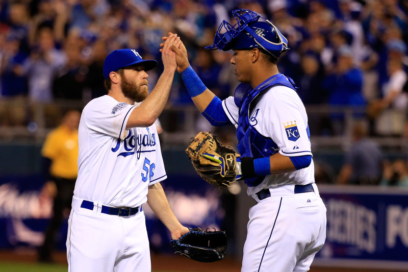 Greg Holland #56 celebrates with Salvador Perez #13 of the Kansas City Royals after defeating the San Francisco Giants 7-2 in Game Two of the 2014 World Series. (Jamie Squire/Getty Images)
