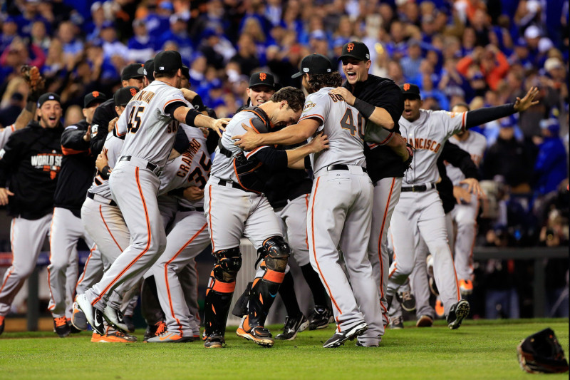 The San Francisco Giants celebrate after defeating the Kansas City Royals to win Game Seven of the 2014 World Series. (Dilip Vishwanat/Getty Images)