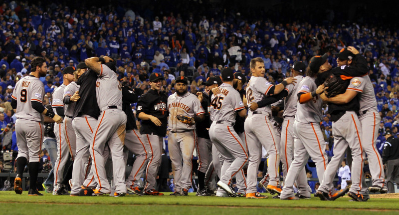 The San Francisco Giants celebrate after defeating the Kansas City Royals to win Game Seven of the 2014 World Series by a score of 3-2 at Kauffman Stadium on October 29, 2014 in Kansas City, Missouri. Jamie Squire/Getty Images)
