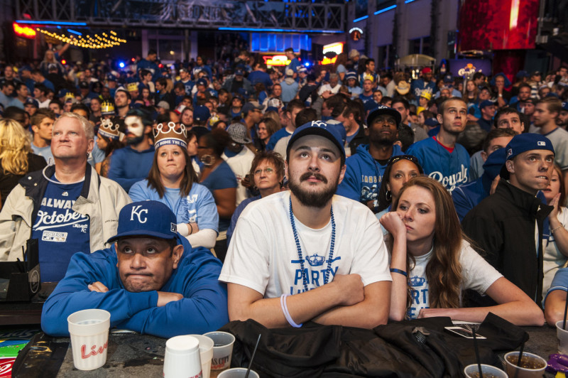 Kansas City Royals fans react to their team's defeat in the Power and Light District. (Julie Denesha/Getty Images)