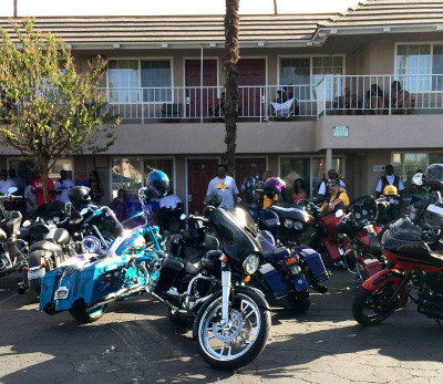 Motorcycles glisten in the sun at the halfway run in Fresno. (Aaron Mendelson/KQED)