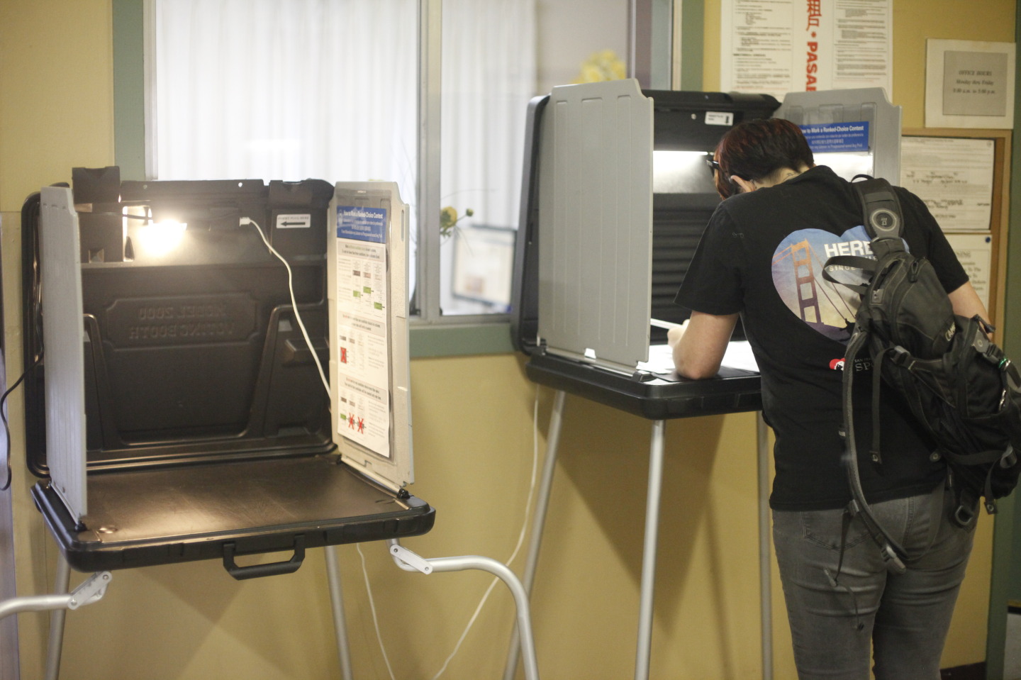 Lauren Taylor, 28, votes at her polling place on 36 Hoff St. in San Francisco's Mission District. (Katie Brigham/KQED)