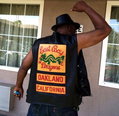 Melvin, 71, of the East Bay Dragons displays the group’s patch in Fresno. (Aaron Mendelson/KQED)