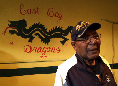 East Bay Dragons President Tobie Gene Levingston at the group’s clubhouse in East Oakland. (Aaron Mendelson/KQED)