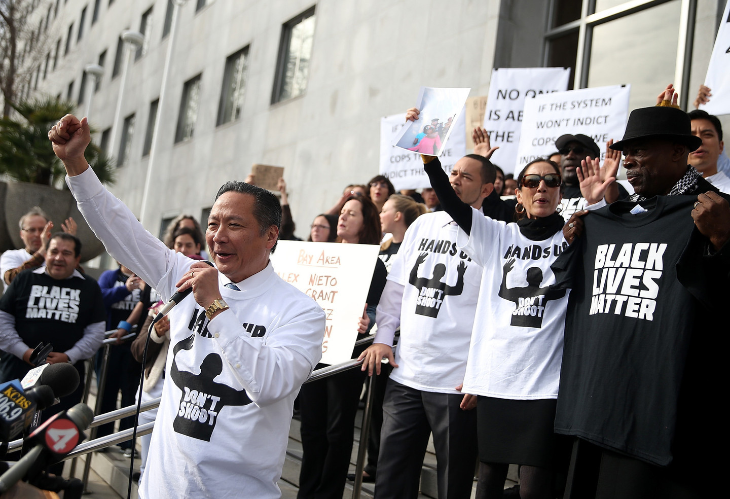 San Francisco Public Defender Jeff Adachi speaks in front of the city's Hall of Justice during a demonstration on Dec. 18. Public defenders in Alameda, Contra Costa, Santa Clara and Solano counties staged similar actions today at their county courthouses.