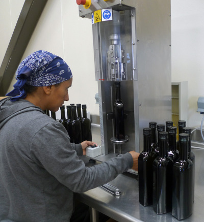 A worker bottles fresh olive oil from the Capay Valley. (Lisa Morehouse/KQED)