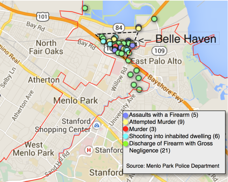 Since 2011, all of Menlo Park’s shooting incidents were in Belle Haven or within a mile radius. For an interactive map with more information about each incident, click here.  (Farida Jhabvala Romero/Peninsula Press)