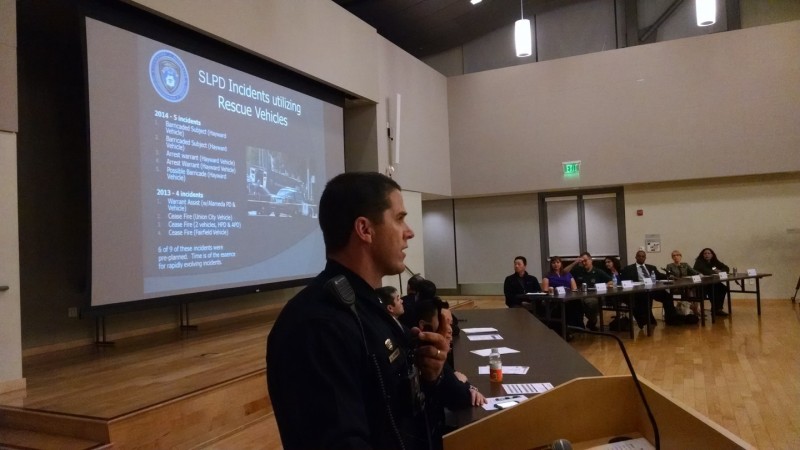 San Leandro PD Lt. Randy Brandt addressing the special city council meeting