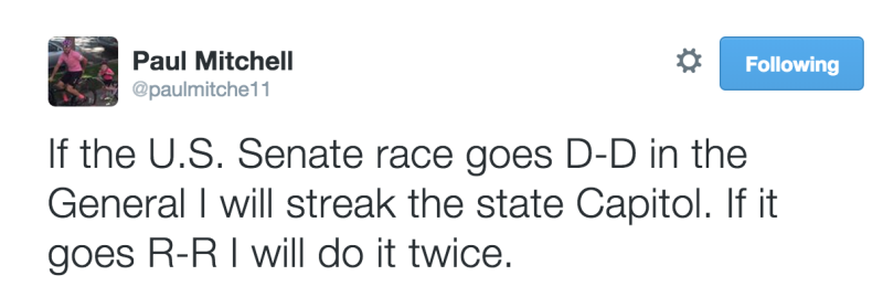Political data expert Paul Mitchell's tweet on the chances of a one-party race for the U.S. Senate.