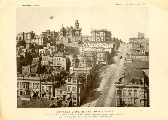An 1891 view of Nob Hill, looking north up Powell Street. To the left (west) of Powell at the top of the hill are the mansions of Leland Stanford, Mark Hopkins and James C. Flood. 