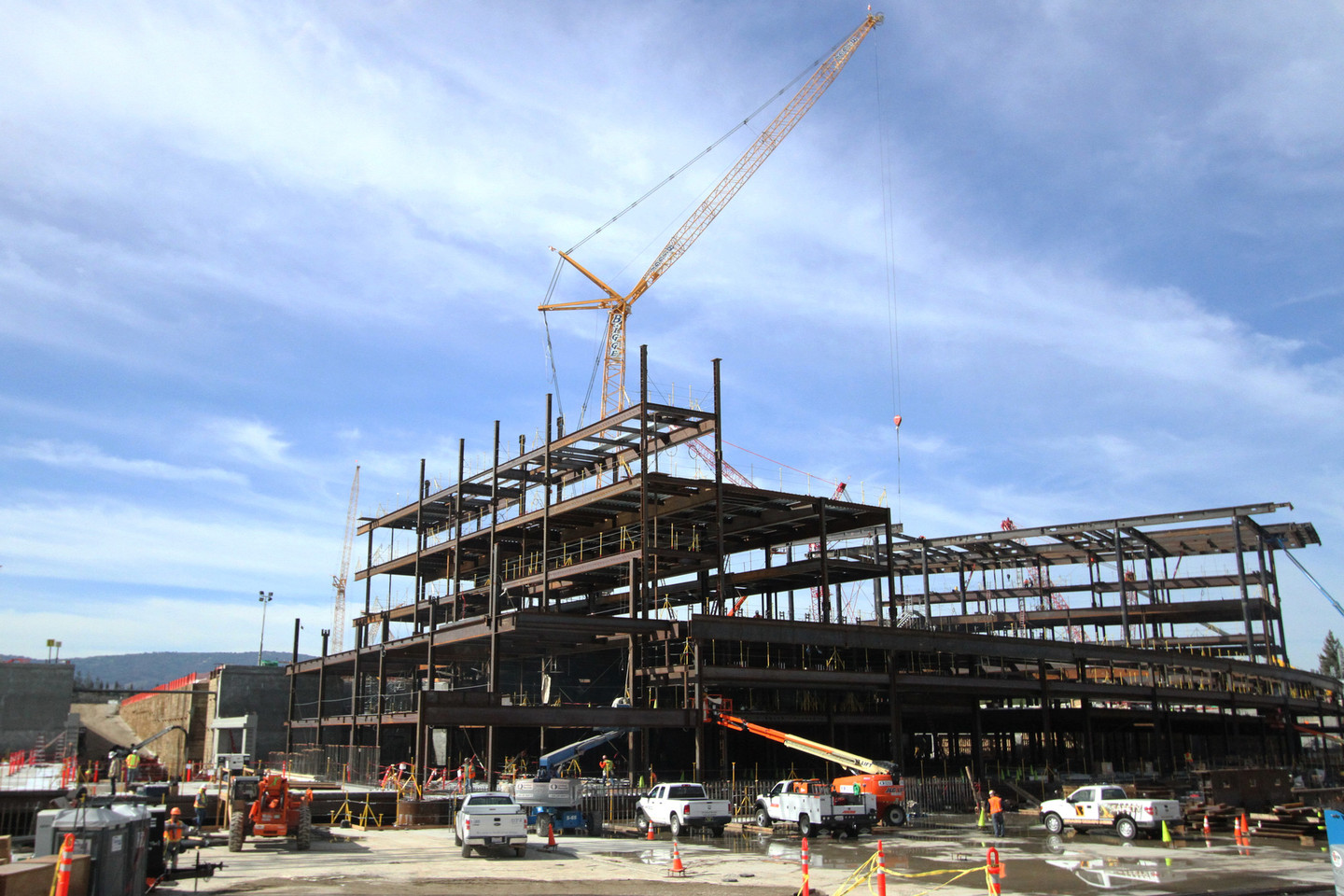 The main office will be a large circular building and is being constructed with concrete pieces. (Anya Schultz/KQED)