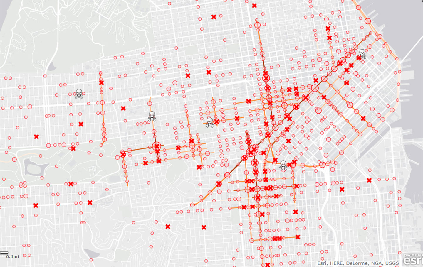 Map of cycling injuries and deaths in San Francisco from 2007-11. Click on map for interactive version. 
