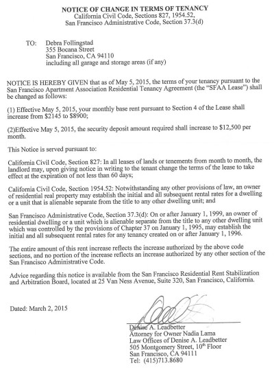 A page from the landlord's letter informing Bernal Heights tenant Deb Follingstad her rent was rising from $2,145  to $8,900 a  month. 
