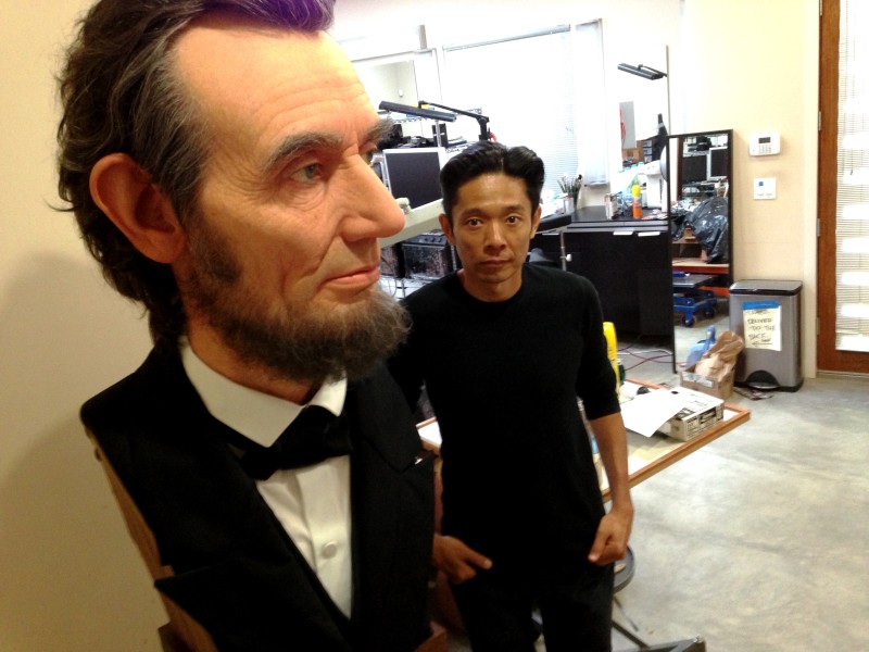 Sculpture and Oscar-nominated makeup artist Kozuhiro Tsuji in his Burbank studio with his silicone-based bust of Abe Lincoln. 