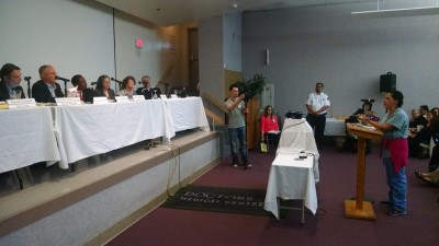 Nurse Maria Sahagun pleads with the Doctors Medical Center's board to close the hospital unless there is a viable financial solution