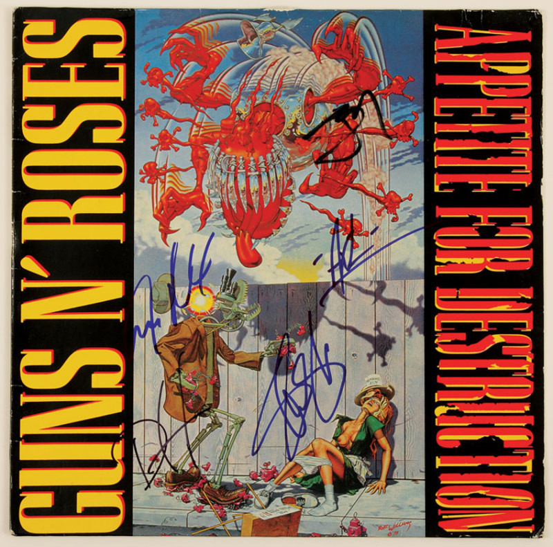 A signed copy of Guns n Roses “Appetite for Destruction” LP with original Robert Williams art. Courtesy of gottahaverockandroll.com