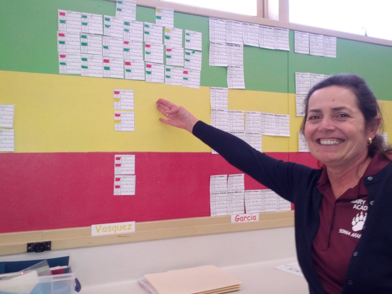 Principal Sonia Aramburo tracks student test scores at Mary Chapa Academy in Greenfield, CA.