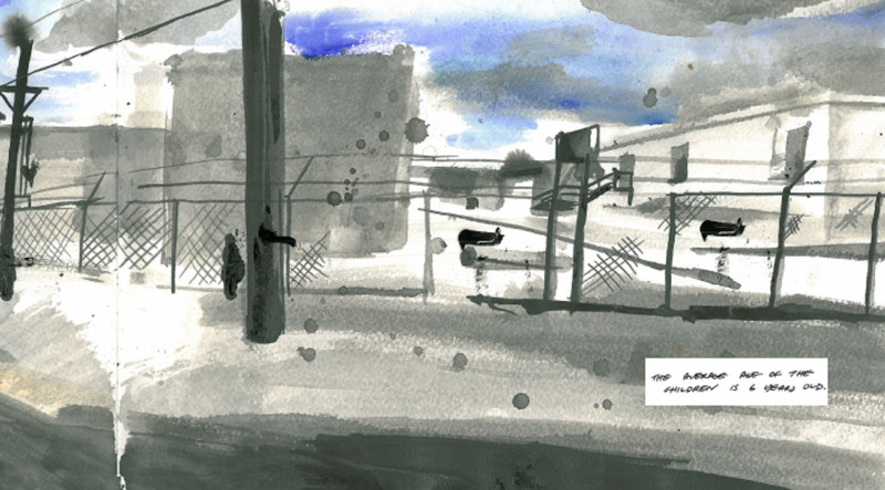 The outside walls of the family detention center in Artesia, N.M. as depicted in  "Families Behind Barbed Wire," an account written by volunteer lawyer Steven Sady and illustrated by Clio Reese Sady.