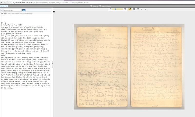 John Muir's journal June 1889, Yosemite Trip. The transcription is on the left. 