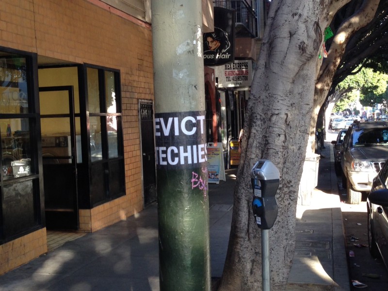 Anti-gentrification signs in the city target tech workers.