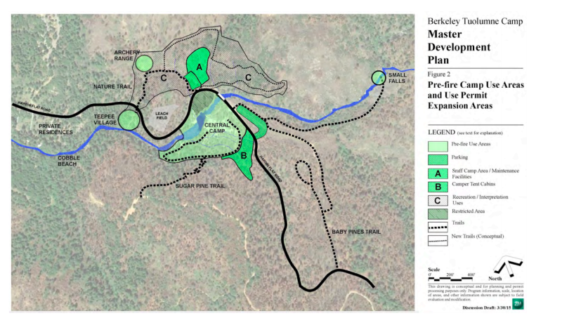 Camp, as proposed. The city will be seeking feedback during a series of community meetings over the next few months. Note: Sun City will be off-limits under the current understanding with the forest service. New parking areas (in green crosshatch) appear next to areas A (staff and maintenance areas) and B (camper tent cabins). 