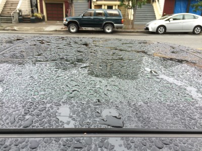 A concentrated form of moisture seen on the roof of a Mini Cooper on San Francisco's Bryant Street. 