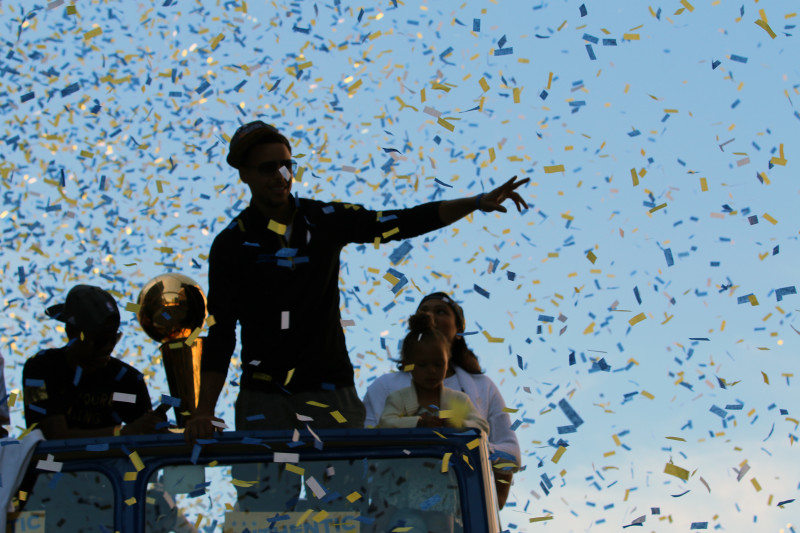 Stephen Curry celebrates during the Warriors championship parade Friday. (Adam Grossberg/KQED)