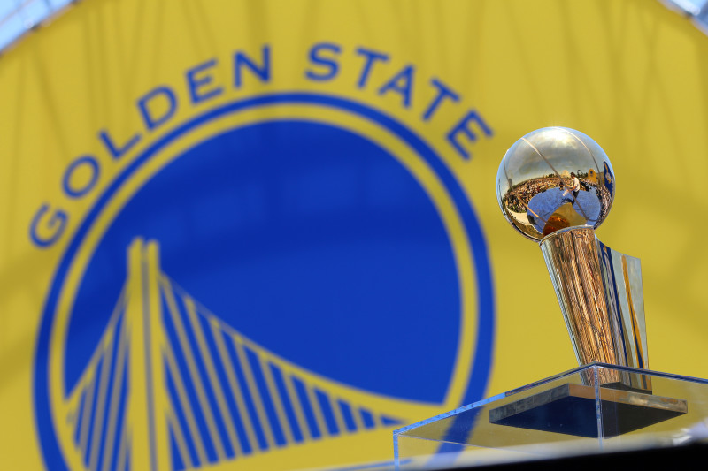THe Warriors' new hardware: The Larry O'Brien Championship Trophy. (Adam Grossberg/KQED)