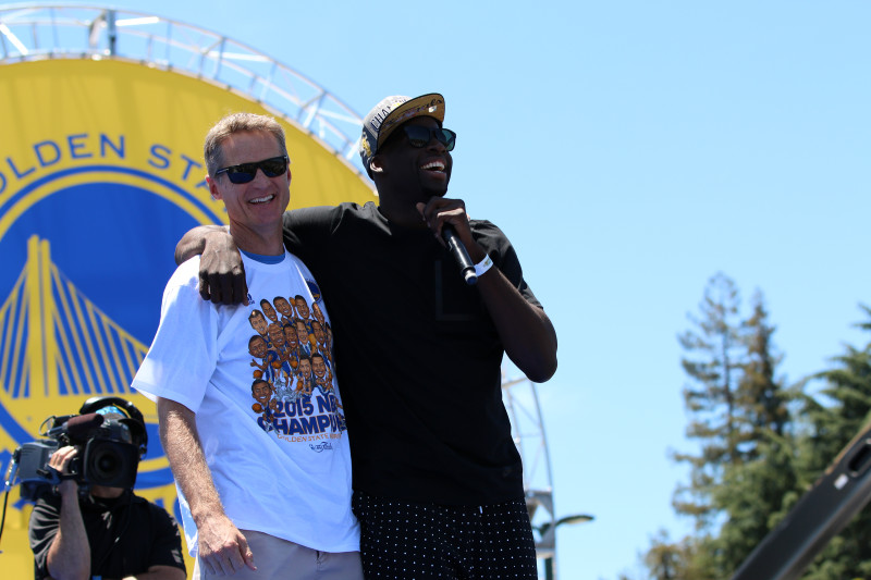 "He hated me when he started," Draymond Green said about Warriors head coach Steve Kerr, before thanking him for making him better. (Adam Grossberg/KQED)