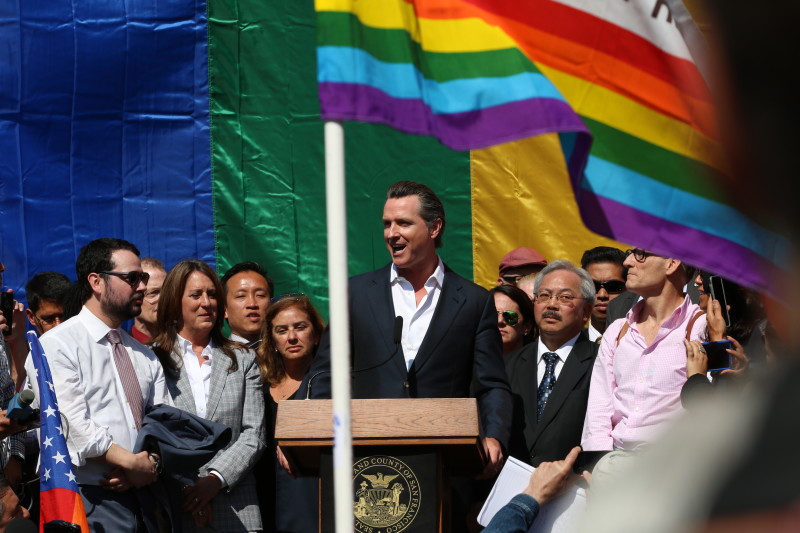 Lt. Gov. Gavin Newsom, standing in front of City Hall Friday, was mayor in 2004 when he ordered the San Francisco county clerk to issue same-sex marriage licenses, which was against state law  (Jeremy Raff/KQED).