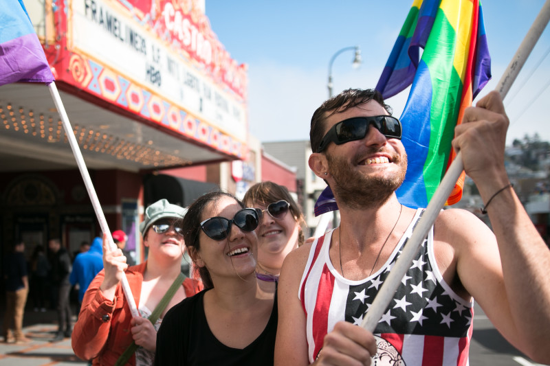 Tourists joined locals in celebrating the Supreme Court's decision (Jeremy Raff/KQED).