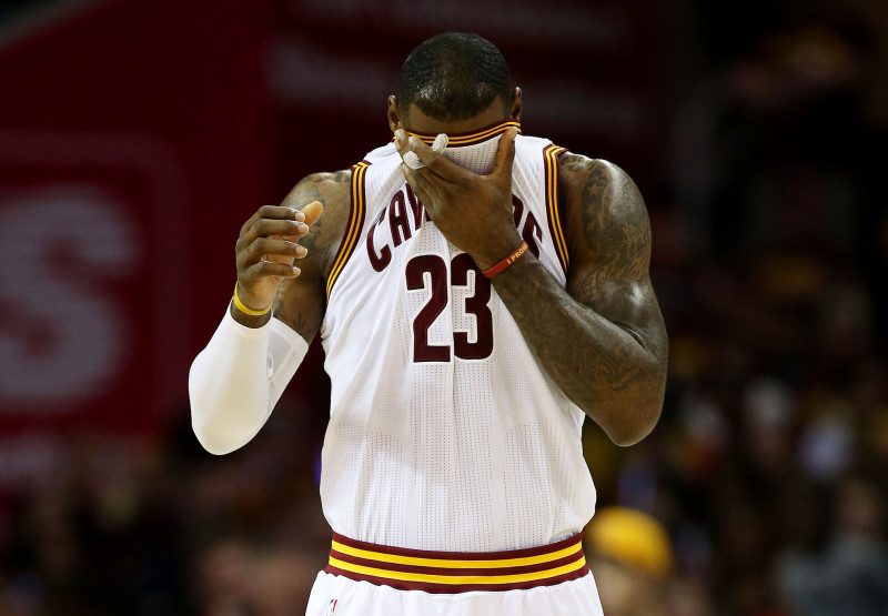 LeBron James wipes his brow after a sluggish start for the Cleveland Cavs in Game 6 of the NBA Finals. (Ezra Shaw/Getty)