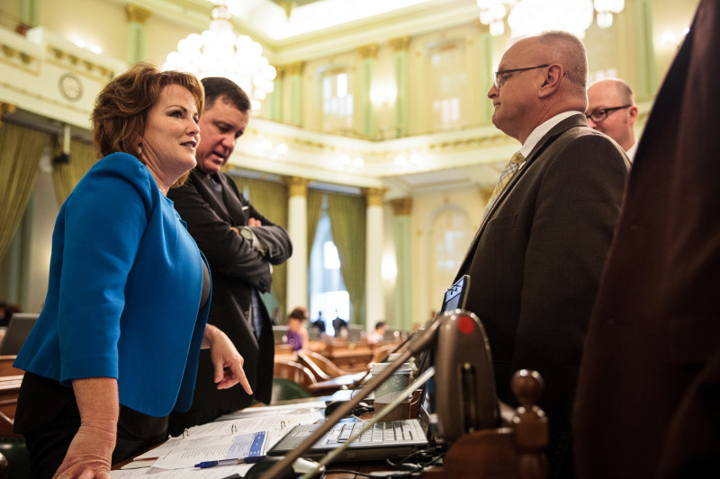 Assembly members Shannon Grove (R-Bakersfield), Donald Wagner (R-Irvine) and Tom Lackey (R-Palmdale) during debate over a new state budget at the Capitol in Sacramento on June 15, 2015.
