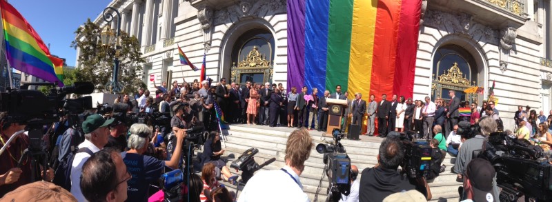 Elected officials spoke at a press conference outside San Francisco City Hall.