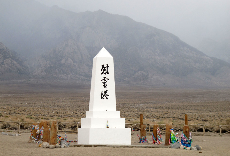 A monument built in 1943 in the Manzanar cemetery is a reminder of those who died here during their World War II detainment. Originally, 15 people were buried here, but only six remain.