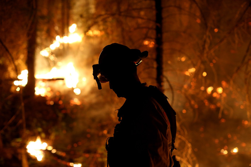 A firefighter monitors a back fire while battling the Rim Fire on August 22, 2013.