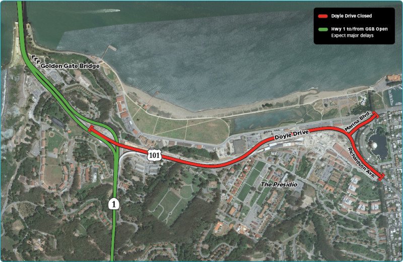 This map shows the scope of the Doyle Drive closure.
