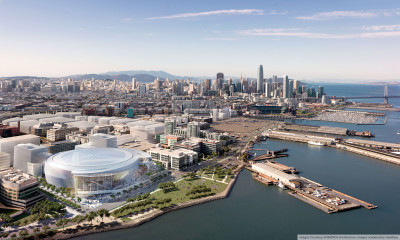 An architect's rendering of the Golden State Warriors' proposed new arena on San Francisco's Mission Bay waterfront. 